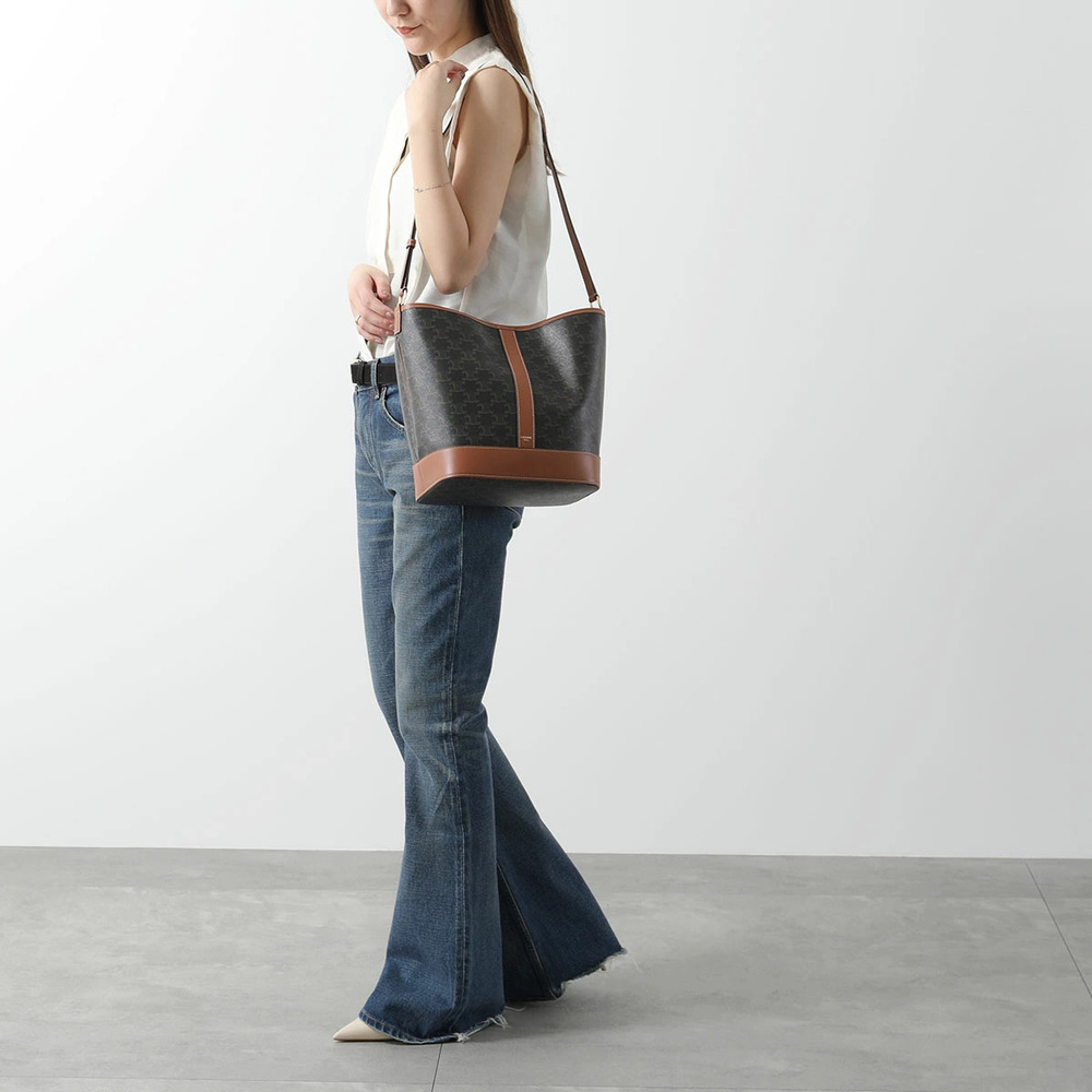Celine Triomphe Shoulder Canvas TAN Bucket Leather Bag Tan